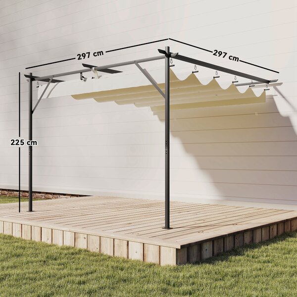 Outsunny Gazebo Pergola Addossata 3x3 m con Tetto Scorrevole e Fori di Drenaggio, Crema | Aosom Italy