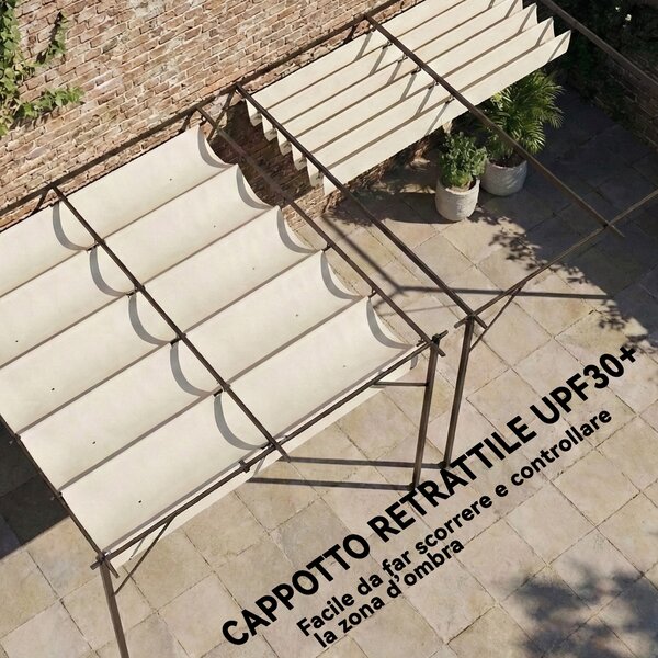 Outsunny Gazebo Pergola Addossata 3x3 m con Tetto Scorrevole e Fori di Drenaggio, Crema | Aosom Italy