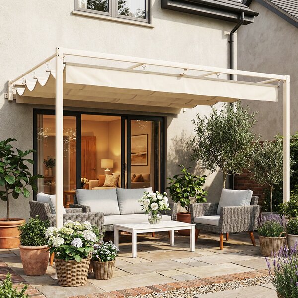 Pergola Addossata 3x3 m con Tetto Retrattile Scorrevole UV30+ e Fori di Drenaggio Beige