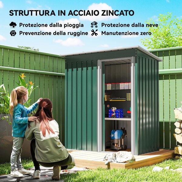 Outsunny Casetta da giardino con Tetto Inclinato e Porta Scorrevole, Capanno Attrezzi in Acciaio Zincato, 163x89x182 cm, Verde | Aosom Italy