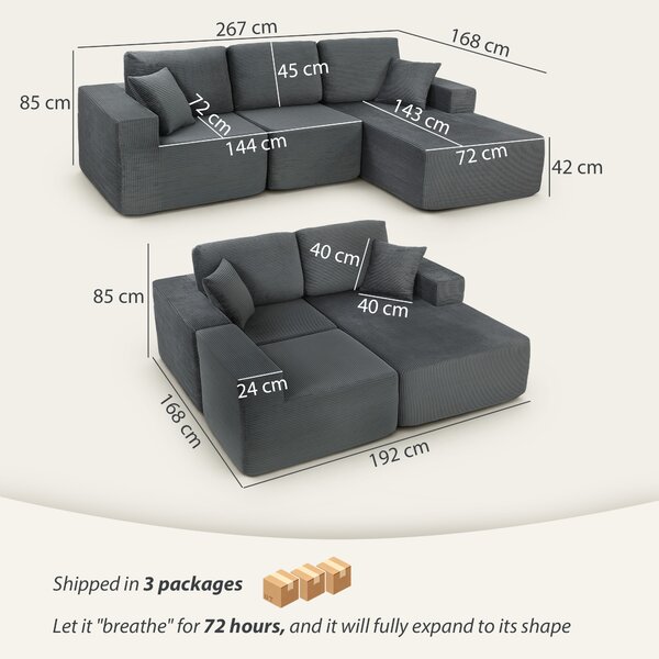 HOMCOM Divano letto angolare modulare, con seduta profonda, braccioli larghi, 2 cuscini, grigio scuro | Aosom Italy
