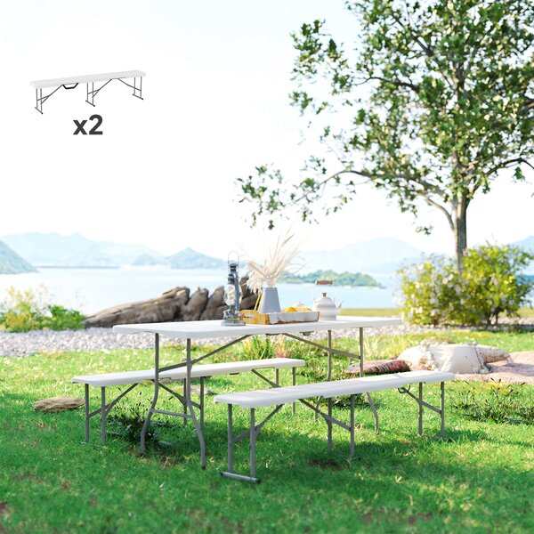 Outsunny Set di 2 panche pieghevoli con maniglia per trasporto in Metallo e HDPE 182 x 28 x 42 cm Bianco | Aosom Italy