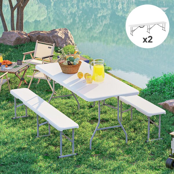 Outsunny Set di 2 panche pieghevoli con maniglia per trasporto in Metallo e HDPE 182 x 28 x 42 cm Bianco | Aosom Italy