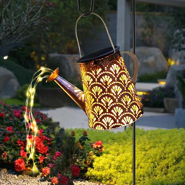 LQWELL® Annaffiatoio solare con cascata e catena luminosa, lampada per giardino, uso esterno, impermeabile, ideale per cortili, vialetti, prati, terrazzi e decorazioni per giardini