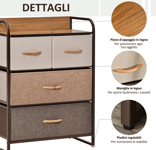 HOMCOM Cassettiera 4 Cassetti Pieghevoli in Tessuto e Ripiano in MDF, Arredamento Soggiorno e Camera, 58x29x78.5cm, Multicolore|Aosom