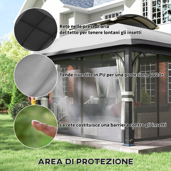 Outsunny Gazebo da Esterno 4x3 m con Zanzariere e Doppio Tetto, in Metallo e Poliestere, Grigio Chiaro|Aosom