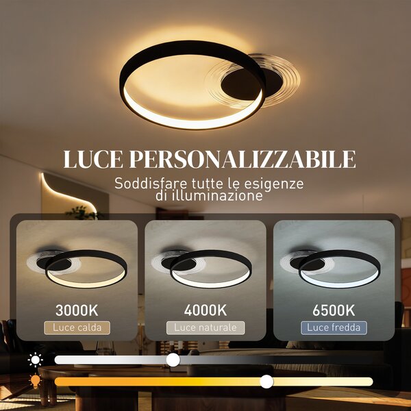 HOMCOM Plafoniera LED Moderna a 2 Anelli con Luminosità Regolabile, Potenza 30W, Nero | Aosom Italy