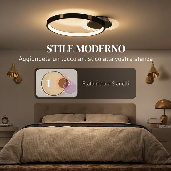 HOMCOM Plafoniera LED Moderna a 2 Anelli con Luminosità Regolabile, Potenza 30W, Nero | Aosom Italy