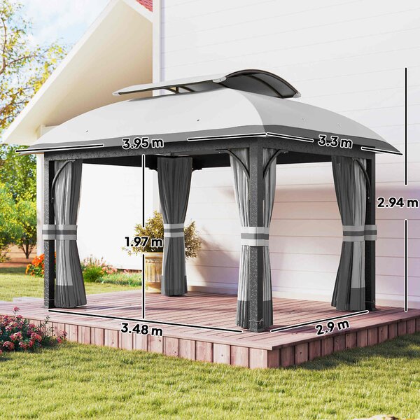 Outsunny Gazebo da Esterno 4x3 m con Zanzariere e Doppio Tetto, in Metallo e Poliestere, Grigio Chiaro|Aosom