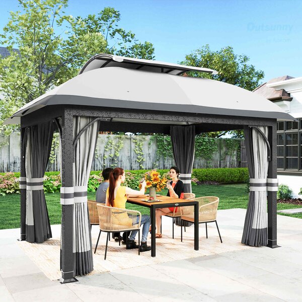 Outsunny Gazebo da Esterno 4x3 m con Zanzariere e Doppio Tetto, in Metallo e Poliestere, Grigio Chiaro|Aosom