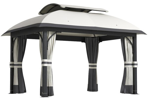 Outsunny Gazebo da Esterno 4x3 m con Zanzariere e Doppio Tetto, in Metallo e Poliestere, Grigio Chiaro|Aosom