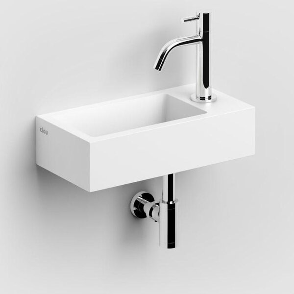 Lavabo a incasso Clou Flush 3, destro, con piano di appoggio in Aluite, dimensioni 36 x 18 cm, con foro per rubinetto preforato sul lato destro
