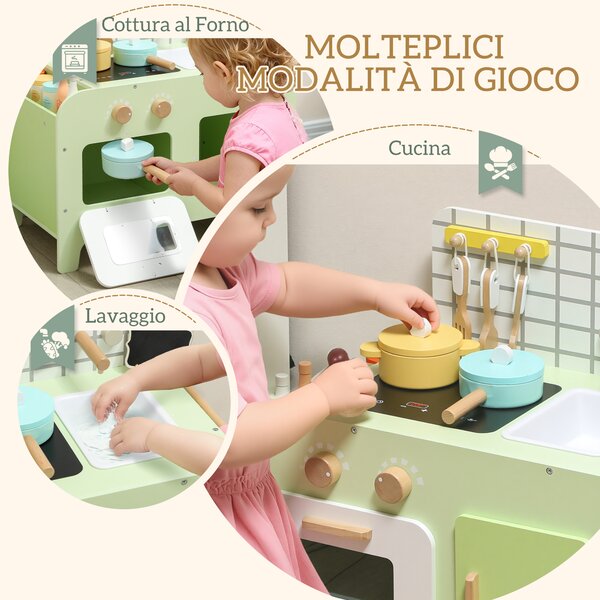 AIYAPLAY Set Cucina Giocattolo in Legno per Bambini da 3+ Anni con 15 Accessori, Verde | Aosom Italy