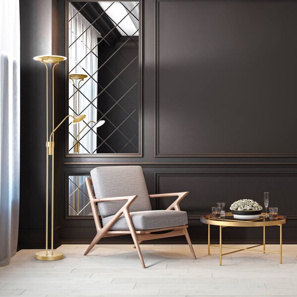 FISCHER & HONSEL Lampada da terra con luce lettura Tallri, dimmerabile, Ottone / Oro, Soggiorno / Sala da pranzo, Metallo, Moderno, Lampada da terra