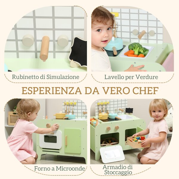 AIYAPLAY Set Cucina Giocattolo in Legno per Bambini da 3+ Anni con 15 Accessori, Verde | Aosom Italy