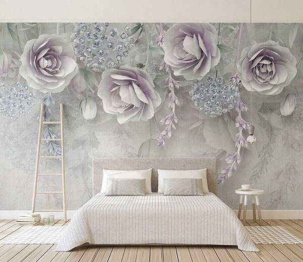 Carta da parati Fiori viola e cristalli, Carta da parati 3D, Carta da parati Fiori 3D, u01597 : Uwalls.it