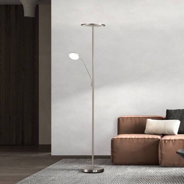 FISCHER & HONSEL Lampada da terra con luce lettura Sorento, dimmerabile, Alluminio / Grigio / Zincato, Soggiorno / Sala da pranzo, Metallo, Moderno, Lampada da terra