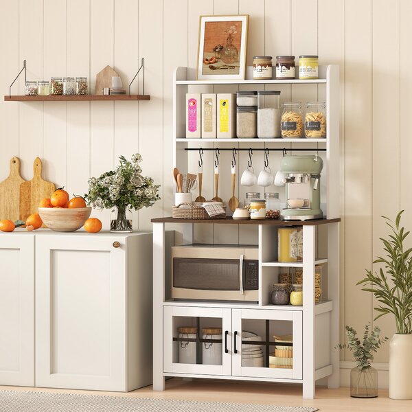 HOMCOM Credenza da Cucina con 6 Ganci per Tazze 2 Ante in Vetro Ripiani Aperti 80x40x152 cm Bianco | Aosom Italy