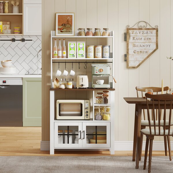HOMCOM Credenza da Cucina con 6 Ganci per Tazze 2 Ante in Vetro Ripiani Aperti 80x40x152 cm Bianco | Aosom Italy