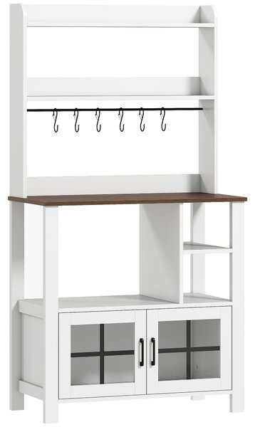 HOMCOM Credenza da Cucina con 6 Ganci per Tazze 2 Ante in Vetro Ripiani Aperti 80x40x152 cm Bianco | Aosom Italy