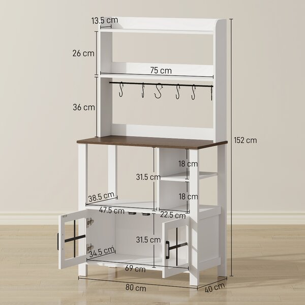 HOMCOM Credenza da Cucina con 6 Ganci per Tazze 2 Ante in Vetro Ripiani Aperti 80x40x152 cm Bianco | Aosom Italy