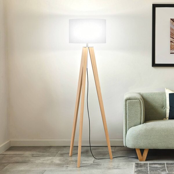 FISCHER & HONSEL Lampada da terra SHINE-WOOD, Bianco / Opale, Soggiorno / Sala da pranzo, Tessuto / Stoffa / Seta, Lampada da terra