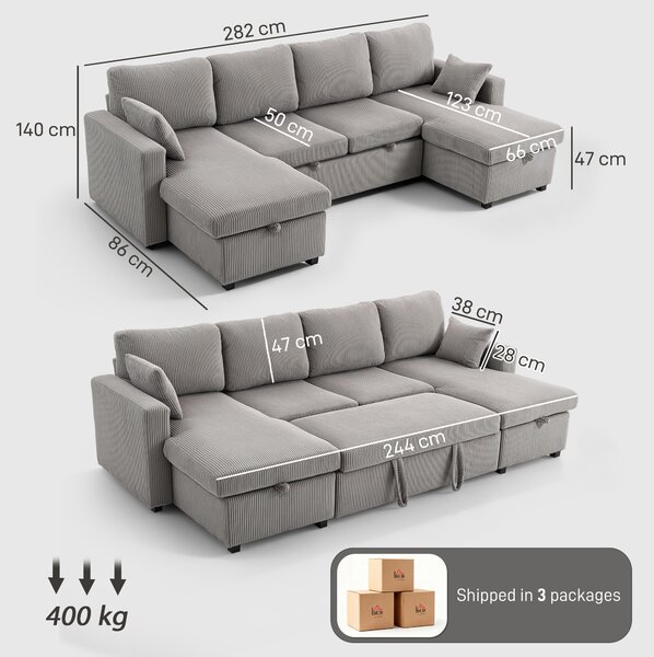 HOMCOM Divano Letto Moderno a U con 2 Chaise Longue e Vani Contenitore, Velluto a Coste, 282x140x86 cm, Grigio | Aosom Italy