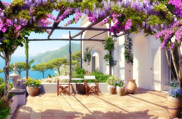 Carta da parati Il glicine fiorisce sulla veranda, Carta da parati Floreale, u03904 : Uwalls.it