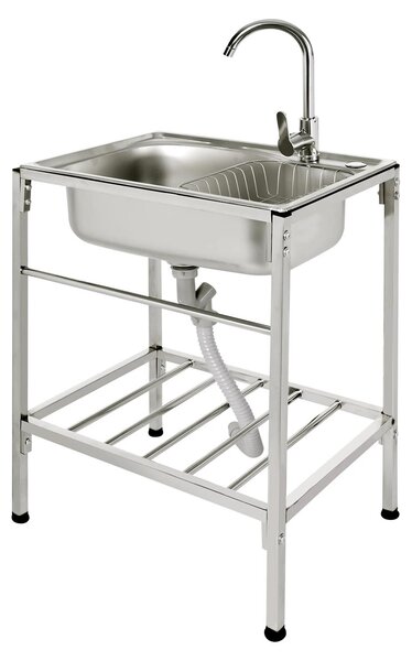 Lavello a colonna singola - Vasca singola - Acciaio inossidabile - Con rubinetto per acqua calda e fredda - Foro per dispenser di sapone - Kit di collegamento completo - Adatto per cucina e lavanderia - Argento