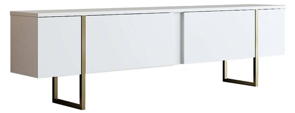 Mobile TV 180x30x50h cm Bianco e Oro con 2 Ante e Ripiano, Mobile Basso Salvaspazio in Legno e Metallo per Soggiorno Moderno – Abishia