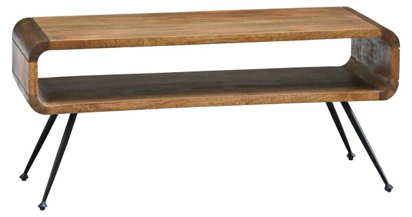 Tavolino da salotto in legno massello di mango e metallo, 105 cm. Tavolino rettangolare con vano portaoggetti, stile retrò, ideale per il soggiorno o come tavolino ausiliario. Prodotto artigianale