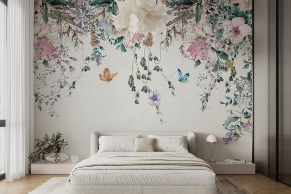 Carta da parati Fiori e farfalle esotici, Carta da parati Floreale, u30601 : Uwalls.it