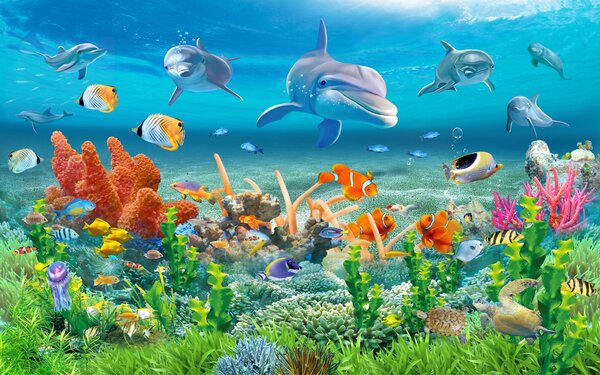 Carta da parati Delfini e pesci, Carta da parati per Bambini, u40487 : Uwalls.it