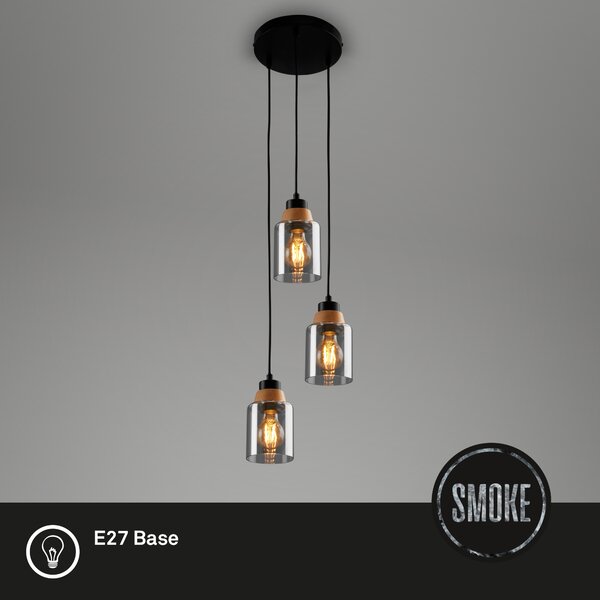 Lampada a sospensione, con legno, vetro fumé, 3xE27/max