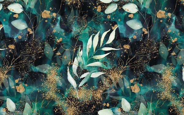 Carta da parati Foglie di smeraldo e polvere colorata su sfondo verde, Carta da parati Natura, Carta da parati Foglie, u42471 : Uwalls.it