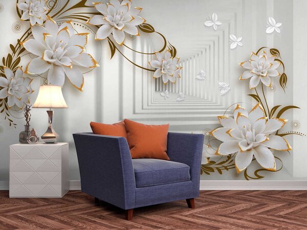 Carta da parati Fiori e farfalle in un tunnel di luce, Carta da parati 3D, Carta da parati Fiori 3D, u47046 : Uwalls.it