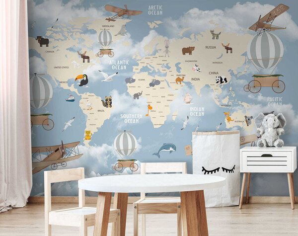 Carta da parati murale Mappa del mondo con diversi animali, Carta da parati popolare, Carta da parati popolare, u48123 - Muralas.it