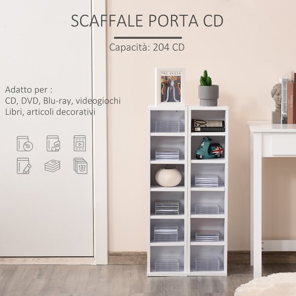 HOMCOM Set 2 Mobile Librerie porta Scaffale CD e DVD a 12 Ripiani regolabili, Totali per 204 CD, in Legno, 21x22.5x88.5 cm, Bianco|Aosom Italy