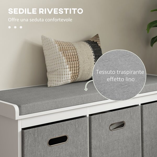 HOMCOM Panca Scarpiera con 3 Cassetti e Seduta in Tessuto per 3 Paia di Scarpe, Mobile da ingresso in Legno 105x35x47 cm, Bianco|Aosom Italy