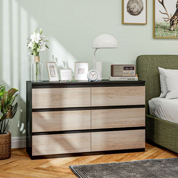 HOMCOM 6 Cassetti con Guide in Metallo per Camera da Letto in Legno, 120x39x75 cm, Nera e color Legno | Aosom Italy