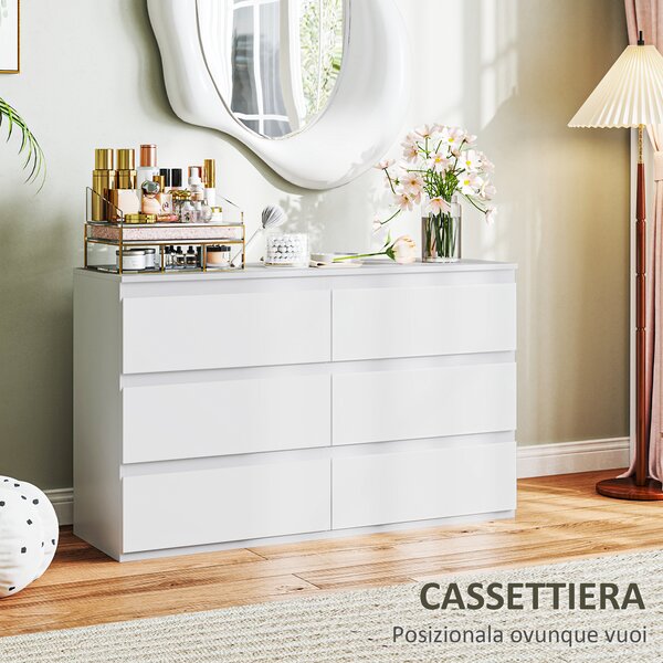 HOMCOM Cassettiera con 6 Cassetti per Camera da Letto in Legno con Guide in Metallo, 120x39x75 cm, Bianco | Aosom Italy