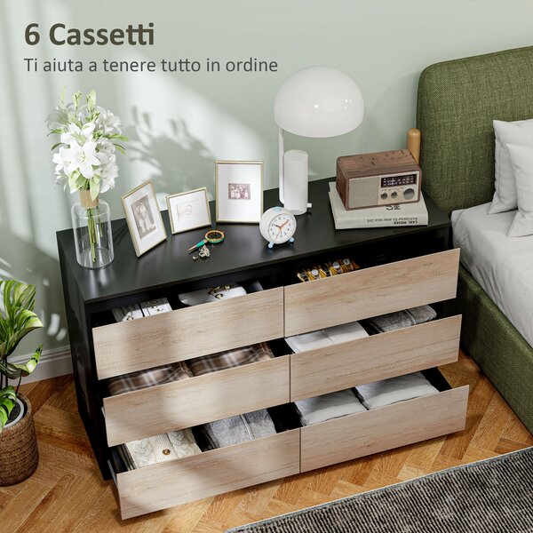 HOMCOM 6 Cassetti con Guide in Metallo per Camera da Letto in Legno, 120x39x75 cm, Nera e color Legno | Aosom Italy