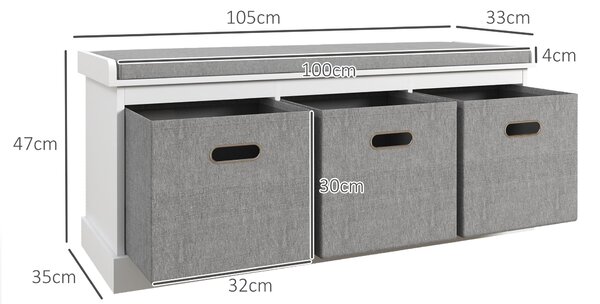 HOMCOM Panca Scarpiera con 3 Cassetti e Seduta in Tessuto per 3 Paia di Scarpe, Mobile da ingresso in Legno 105x35x47 cm, Bianco|Aosom Italy