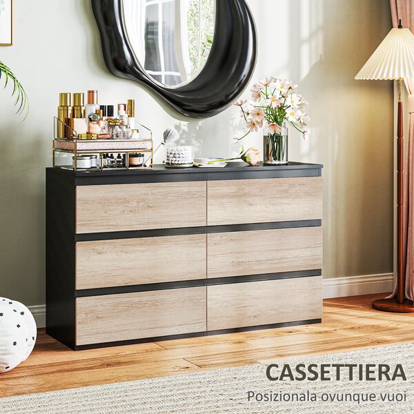 HOMCOM 6 Cassetti con Guide in Metallo per Camera da Letto in Legno, 120x39x75 cm, Nera e color Legno | Aosom Italy
