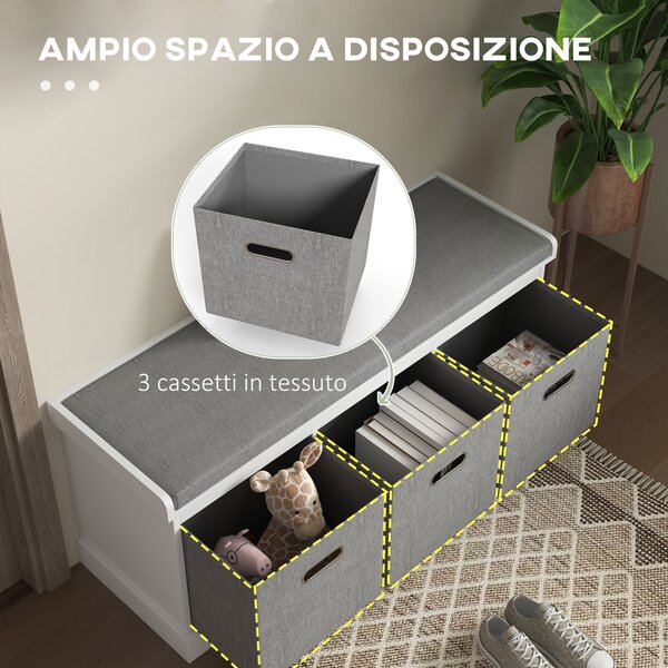 HOMCOM Panca Scarpiera con 3 Cassetti e Seduta in Tessuto per 3 Paia di Scarpe, Mobile da ingresso in Legno 105x35x47 cm, Bianco|Aosom Italy