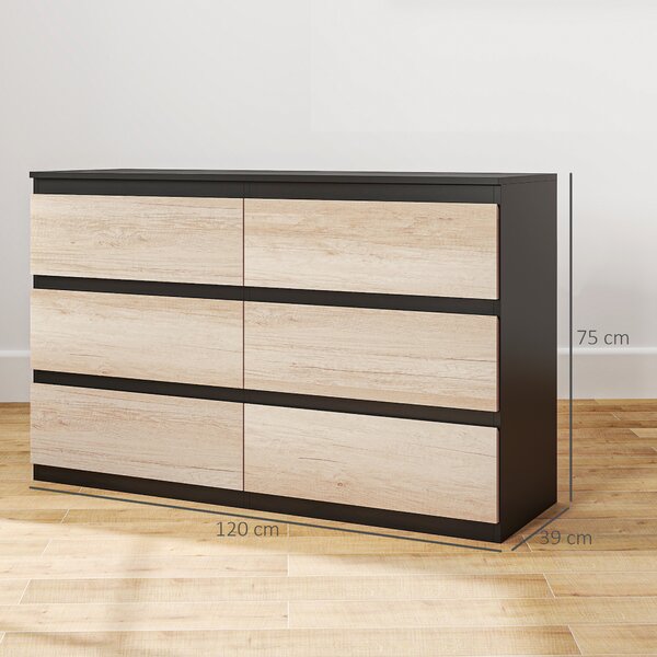 HOMCOM 6 Cassetti con Guide in Metallo per Camera da Letto in Legno, 120x39x75 cm, Nera e color Legno | Aosom Italy