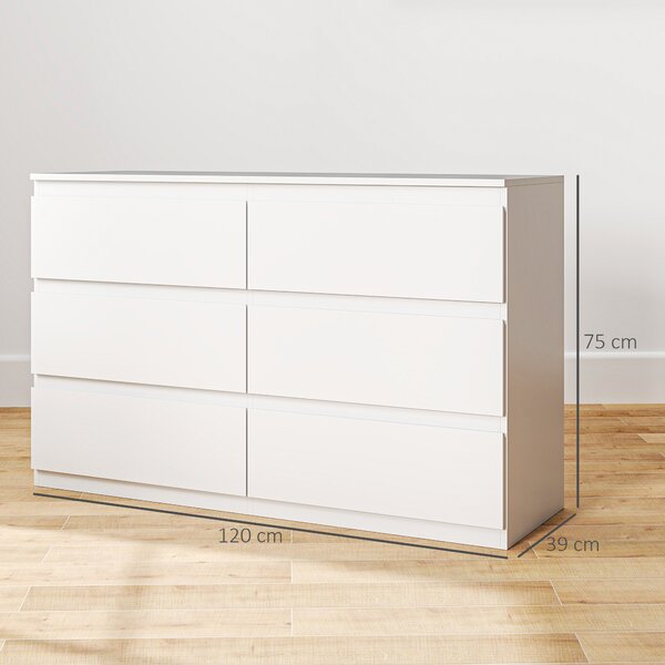 HOMCOM Cassettiera con 6 Cassetti per Camera da Letto in Legno con Guide in Metallo, 120x39x75 cm, Bianco | Aosom Italy