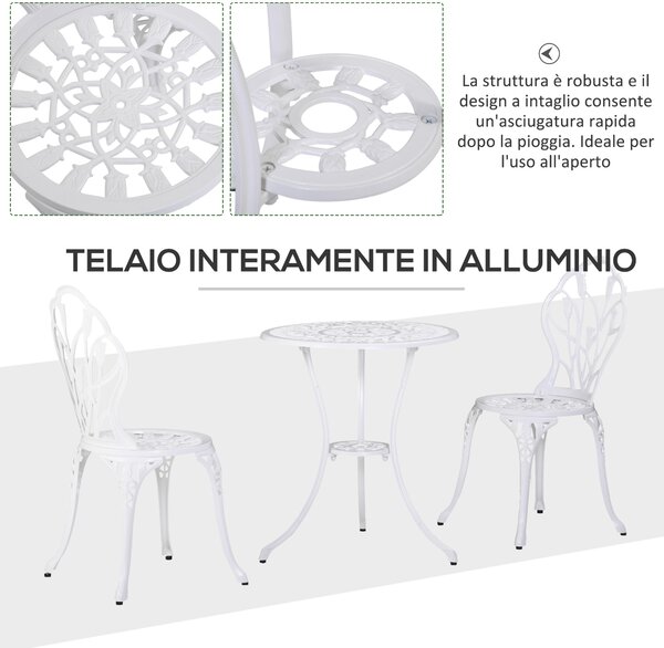 Outsunny Set da Giardino 3 Pezzi in Alluminio con 2 Sedie 42.5x47.5x89 cm e Tavolino Rotondo Ø60x67 cm, Bianco