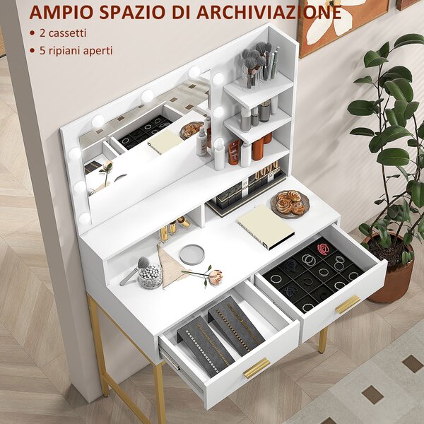 HOMCOM Mobile Toeletta con Specchio, 2 Cassetti, 5 Ripiani e Sgabello, in MDF e Truciolato, 80x40x138 cm, Bianco|Aosom