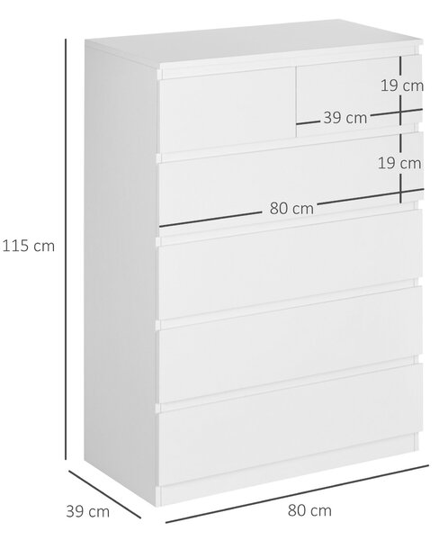 HOMCOM Cassettiera 6 Cassetti con Design Antiribaltamento, in Truciolato, 80x39x115 cm, Bianco|Aosom